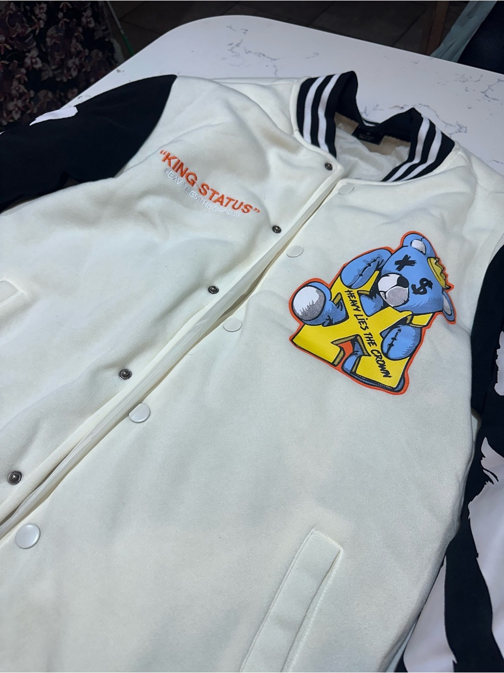 RGSTR king status bear white varsity jacket medium